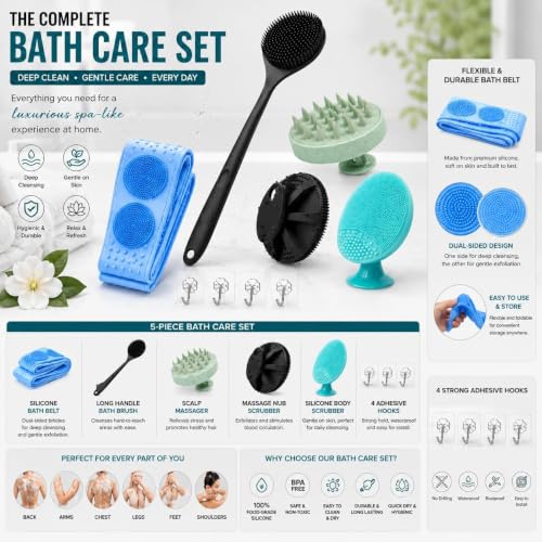 Image of LUMONY 5 -in-1 Soft Silicone Bath Brush Set | Back Scrubber Belt | Long Handle Back Scrubber + Body Scrubber + Scalp Massager + Face Massager | Super Exfoliating & Lathering Shower Brush | BPA-Free | For Men & Women (With A Free 3pcs Hook)