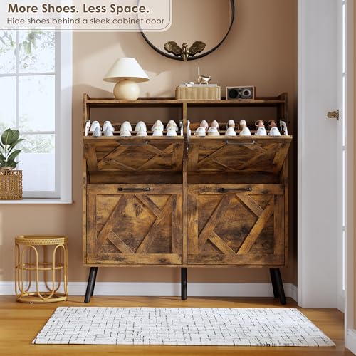 Image of Nicetree Shoe Cabinet Storage for Entryway, Freestanding Shoe Storage Cabinet, Farmhouse Narrow Shoe Rack Cabinet for Entryway, Foyer, Hallway, Shoe Cabinet 4 Flip Drawers