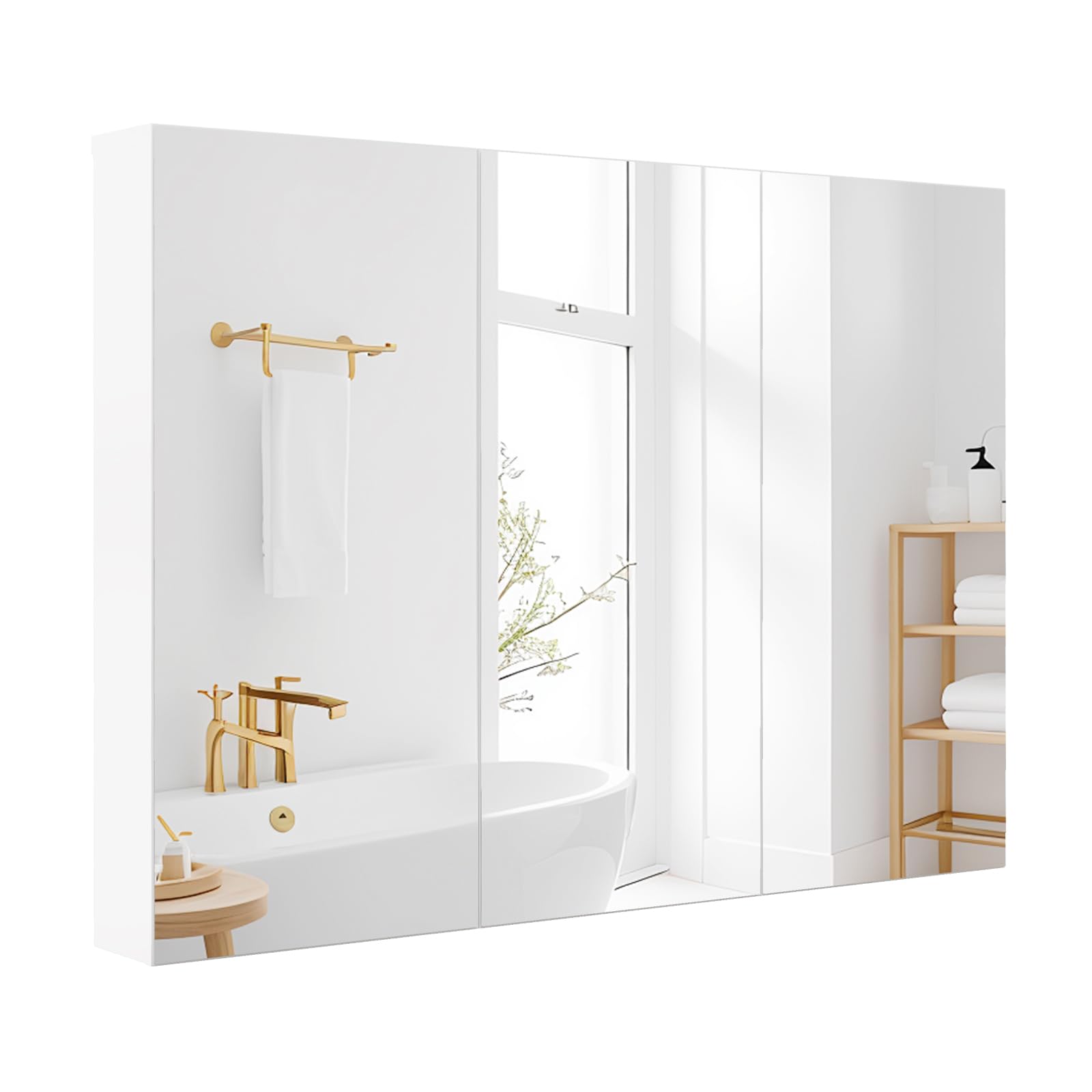 CASART Wall-Mounted Bathroom Mirror Cabinet, 2/3 Door Storage Cupboard with Shelves & Cushioning Hinges, Bath Organiser Storage for Bedroom, Living Room and Toilet (Triple Door)