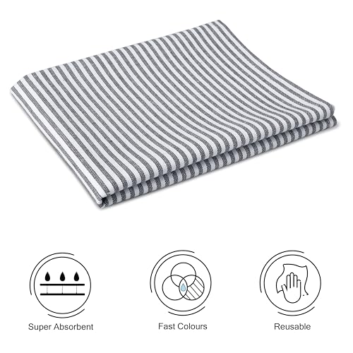 Image of Encasa XO Kitchen Towels Cotton Pack of 4 | 70x45 cm, Ticking Navy Blue - Dish Cloths | Highly Absorbent Cleaning & Wiping Cloths for Kitchen | Reusable Tea Towels
