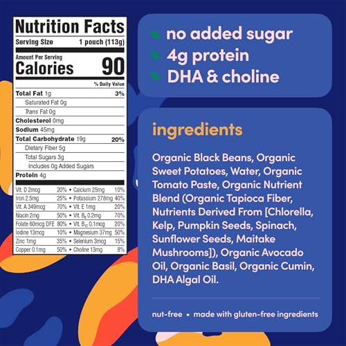 Image of Cerebelly Organic Baby Food Pouches, Black Bean Sweet Potato Purees, 16 Nutrients, No Added Sugar, Non-GMO, Toddler Snacks, 4oz, 6 Pack