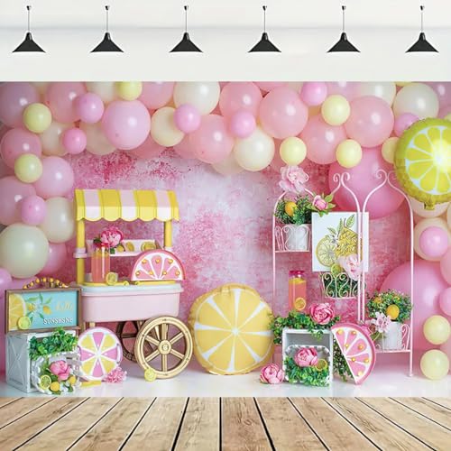 Image of Summer Lemon Shop Photography Background Lemonade Pink Balloons Children's Birthday Party Decoration Background Lemon Bride Baby Shower Backdrop Kid Girl Baby Portrait Backdrop (8X6FT)