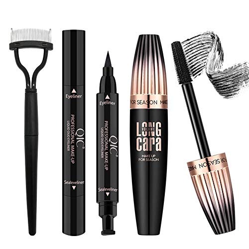 4D Silk Fiber Lash Mascara with Eyeliner Stamp & Folding Eyelash Comb, Long