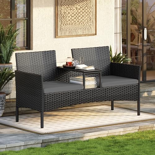 Aoxun 2-Sitzer-Gartenbank aus Rattan extrabreite Outdoor-Zweisitzerbank mit seitlichem Ablagetisch bequemes Terrassenmöbel-Set mit Kissen und Regenschutz für Garten Balkon (Dunkelgrau)