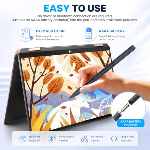 Image of Stylus Active Pen For Hp Pavilion X360 11M-Ad0 14M-Ba013Dx 14-Cd0 15-Br0,X2 10-K0Xx; Hp Envy X360 15-Bp0 15M-Bp1,360 15M-Bp012Dx,X2 13-J0Xx 15-C0Xx; Hp Spectre X360 13-Ac0Xx (Black)-Laptop | Active Stylus Pen with Smooth Writing, MPP 1.51 Tilt Pen with Pressure Sensitivity & Palm Rejection for Drawing, Note-Taking