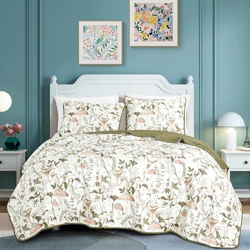 ESCA 3-Piece Teige Olive Mushroom Bedspread Set Queen Size Reversible Green Quilt