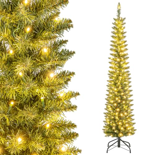 GYMAX 180 cm künstlicher Weihnachtsbaum, Vorbeleuchteter Christbaum mit PVC-Zweigspitzen & warmweiße LED-Lichter, Bleistiftform Dekorationsbaum für Zuhause, Büro & Einkaufszentrum