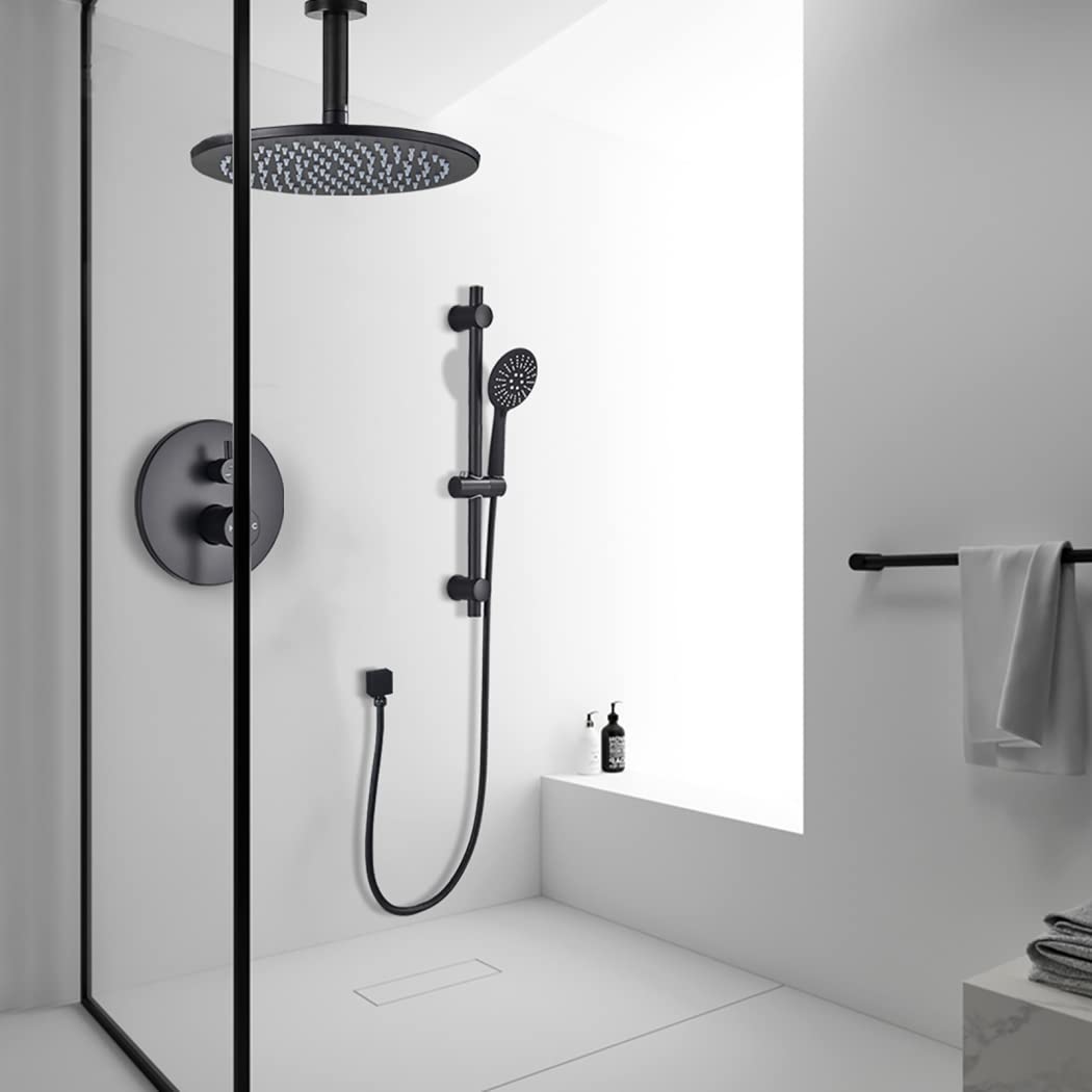 Schwarzes Duscharmatur-Set Mit Regenduschkopf & Handbrause – 30,5 Cm, Massives Messing, Druckausgleichsventil