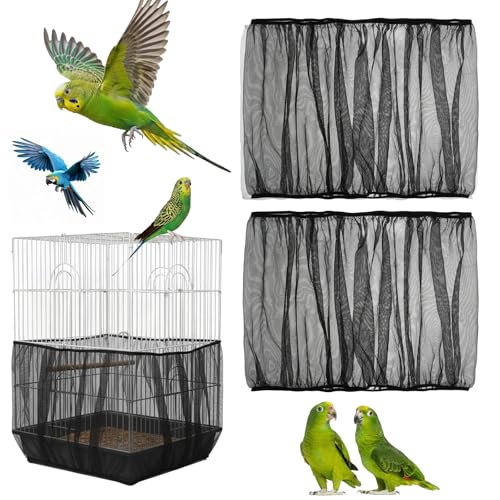 guduling Lot de 2 housses de cage à oiseaux, réglables, bac de récupération des graines pour oiseaux ronds et grands, filet en nylon noir pour perroquets, perruches,...