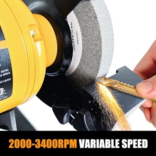 Image of Woodskil 6 Inch Variable Speed Bench Grinder, 2000-3400 RPM Adjustable Speed, 2.5A Motor, Dual Grinding Wheels 36 & 60 Grit, Adjustable Tool Rest, Eye Shield for Sharpening Knives, Tools, Metal