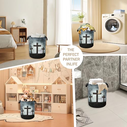 Image of Three Wood Crosses Laundry Hamper,Easter Collapsible Laundry Baskets,Waterproof Oxford Cloth Laundry Room Organization for Bedroom,Bathroom,Nursery,16x20 Inch