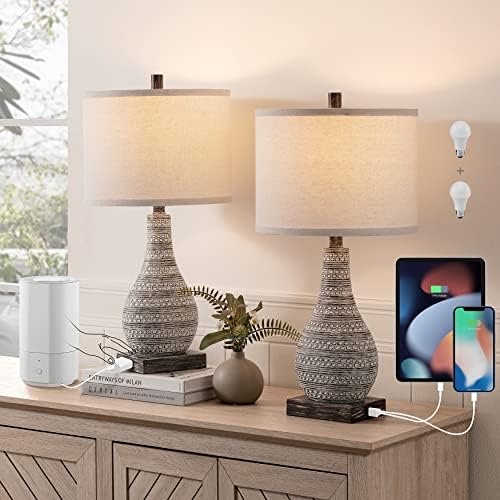 Kyrid 3-Way Touch Control 24'' Poly Table Lamp Set of 2 with USB Ports and AC Outlet Farmhouse Table Lamps Set with Beige Linen Shade(Bulbs Included)