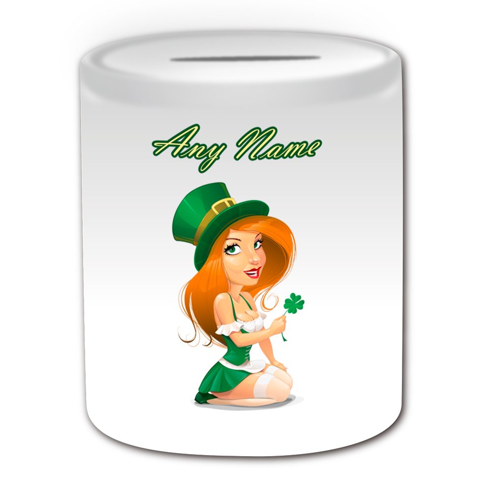 UNIGIFT Personalised Gift - Hot Girl in Green Dress Money Box (Sexy Lady Design Theme, White) - Any Name/Message on Your Unique - Saving Piggy Bank - Ireland Irish Four Leaf Clover St Saint Patrick