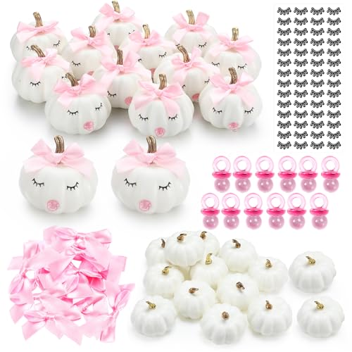 Nuanchu 12 Sets DIY Fall Pumpkin Painting Kit Pumpkin Baby Shower Favors 12 Foam Craft Pumpkins, 12 Pink Bows, 12 Pink Pacifiers, 28 Pairs of Eyelash Sticker for Thanksgiving Birthday Halloween Decor