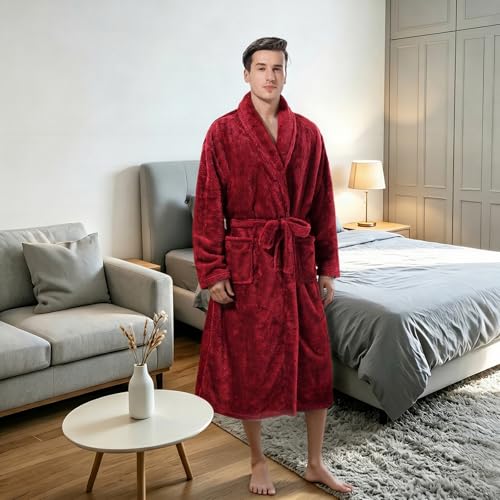 Image of Inner Wish Mens Plush Fleece Robe, Highly Absorbent Cozy Warm Bathrobe Fuzzy Male Spa Long Robe With Pockets
