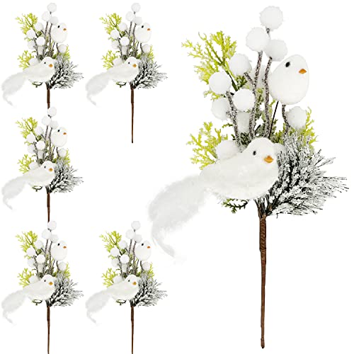 6 Pack Christmas Picks with White Berries & Birds, Snowy Artificial Berry Picks Holly Sprays Frosted Pine Branches Birds Stems for Christmas Tree Floral Wreaths Crafts Garland Decorations (White)