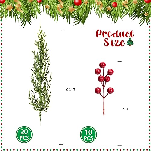 30-PcsSet-Christmas-3D-Artificial-Pine-Branches-125-Inch-Faux-Evergreen-Cedar-Sprigs-Branches-Fake-Foliage-Pine-Needles-Picks-with-Artificial-Red-Berry-Stems-for-DIY-Christmas-Decoration 30 PcsSet Christmas 3D Artificial Pine Branches 125 Inch Faux Evergreen Cedar Sprigs Branches Fake Foliage Pine Needles Picks with Artificial Red Berry Stems for DIY Christmas Decoration