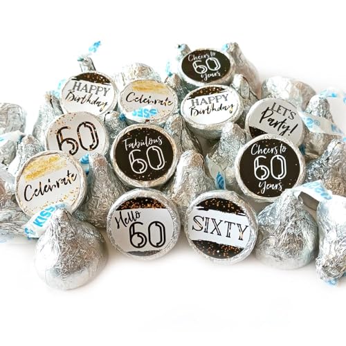 60th Birthday Labels for Kisses Chocolates by Adore By Nat - Sixty Black White Candy Sticker Party Favor - Set of 240
