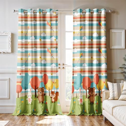 Image of Ultimate Trends Light Filtering Kids Curtain | Fairy, Dragon Castle, Safari & Jungle Animal Prints | for Kids Room Doors and Window | 7 FEET Pack of 2 |Woodland Meadow