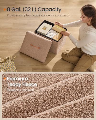 Image of SONGMICS Small Folding Storage Ottoman, Camel Brown | Foot Rest Stool, 12.2 x 16.1 x 12.2 Inches, 286 lb, Bedroom, Dorm, ULSF094K01