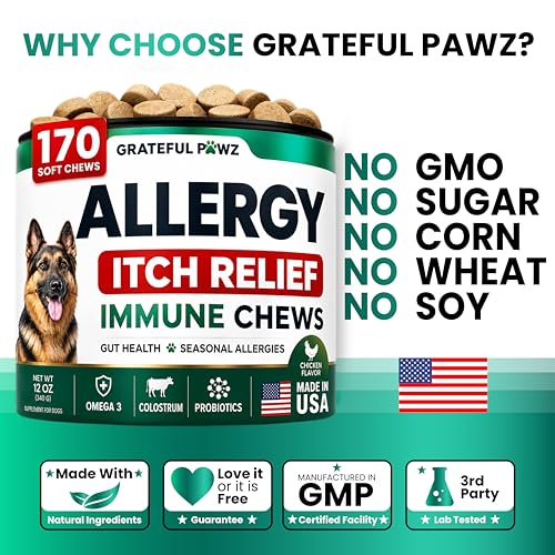 Image of Dog Allergy Chews - Dog Allergy Relief - 170 Treats with Probiotics and Colostrum for Itchy Skin Relief to Support Seasonal Allergy and Healthy Immune System - All Natural Anti-Histamine - Made in USA