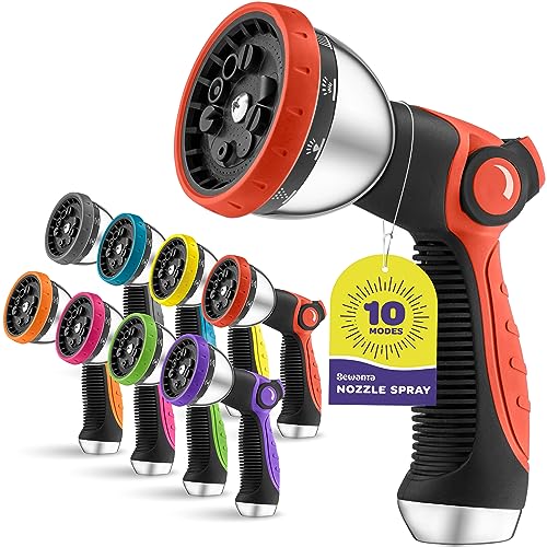 Hose Nozzle [Red] Heavy Duty Hose Sprayer With 10 Adjustable Watering Patterns - Thumb Control Design, Comfortable Ergonomic Grip, Garden Hose Nozzle for Watering Plants & Lawns. Fun Showers/Cleaning