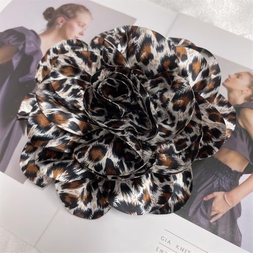 Image of Dainty Dyed Satin Fabric Leopard Print Rose Flower Extra Large Big Brooches Lapel Pins for Women Delicate Silk Floral Flower Oversized Brooch Pin for Wedding Party Banquet Dress Suit Ceremony Clothes Accessories Jewelry Gifts 7.5in