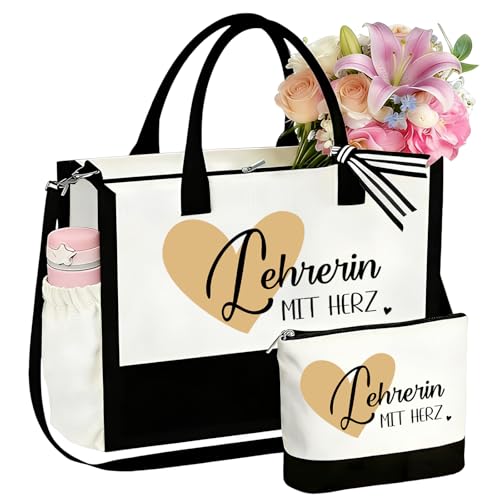 Lehrerin Canvas Tragetasche mit Kosmetiktasche Baumwolltasche Canvas Tote Bag für Lehrer als Dankesgeschenk Abschiedsgeschenk Geschenke für Lehrerin zum Geburtstag Abschied Danke Lehrertag