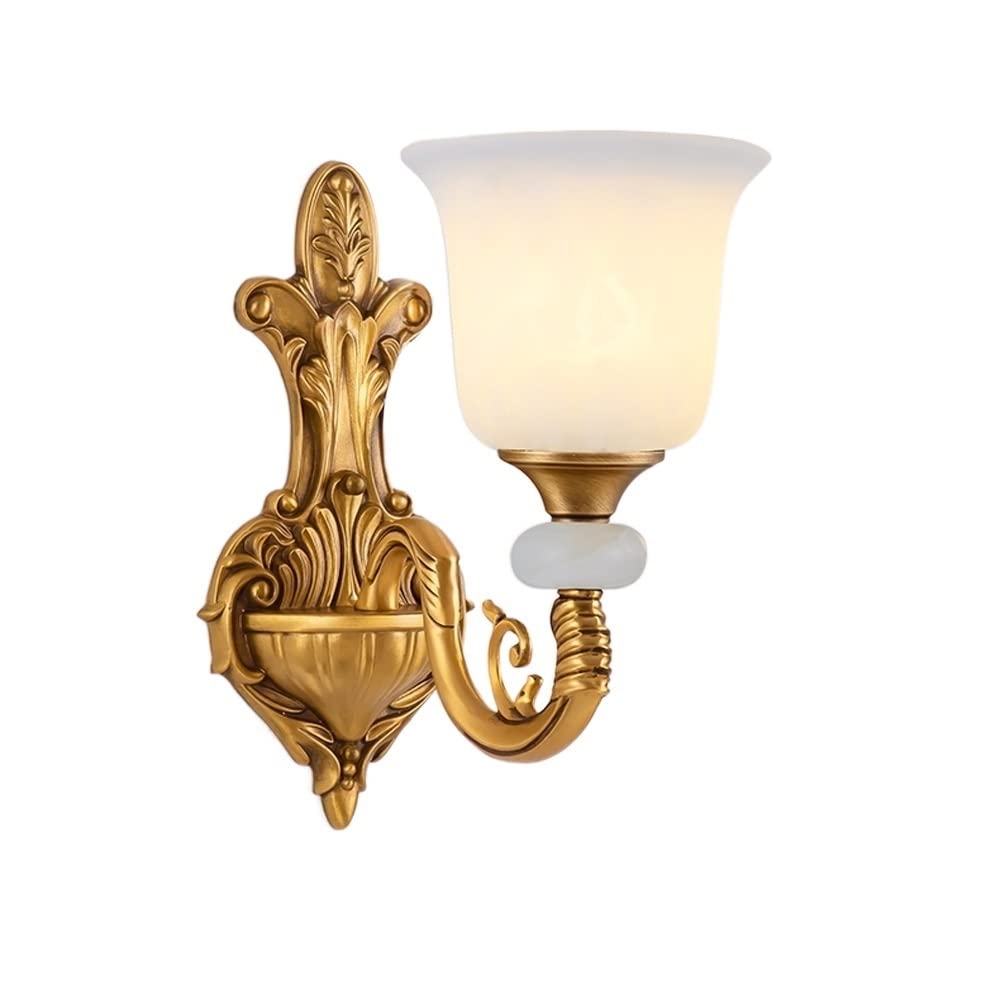 HXYSXHJUO Wall Lamps, Creative Carved Copper Light Fixtures Single Head Double Imitation Marble Glass Sconces Retro Lighting Bedroom Bedside Lamp Living Room(Single Head)