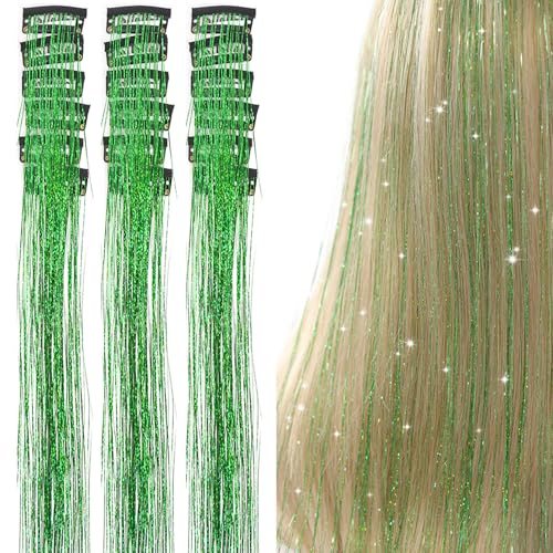 12Pcs 23.5 Inch Clip in Fairy Hair Tinsel Kit for Women Girls Glitter Hair Accessories for Christmas Halloween Cosplay Party (Laser Green)