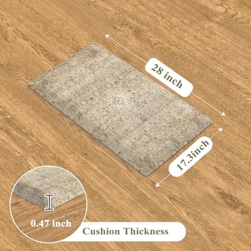 Collive Anti Fatigue Kitchen Mats for Floor, Waterproof Kitchens Sink Rugs Cushioned Comfort Standing Desk Mat, Khaki Vintage Non Slip Floral Foam Rug for Laundry, House, Office, 17.3''x28''