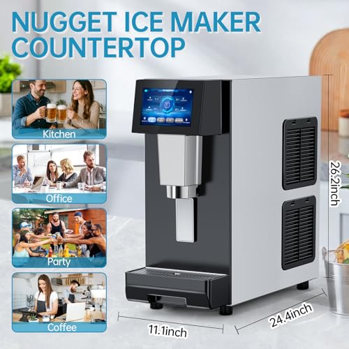 Image of Commercial Nugget Ice Maker Machine, 100Lbs /24H Pellet Chewable Ice | 3-IN-1 Nugget Ice Maker with Ice & Water Dispenser, Self-Cleaning, Countertop Stainless Steel for Business,Office,Party