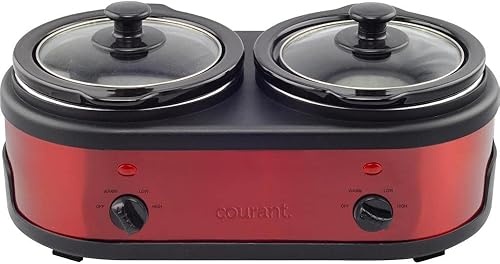 Courant Olla de cocción lenta doble de 3.2 cuartos (1.6 cuartos de galón cada una) con ajustes cálidos, ollas de cerámica inoxidable y tapas de