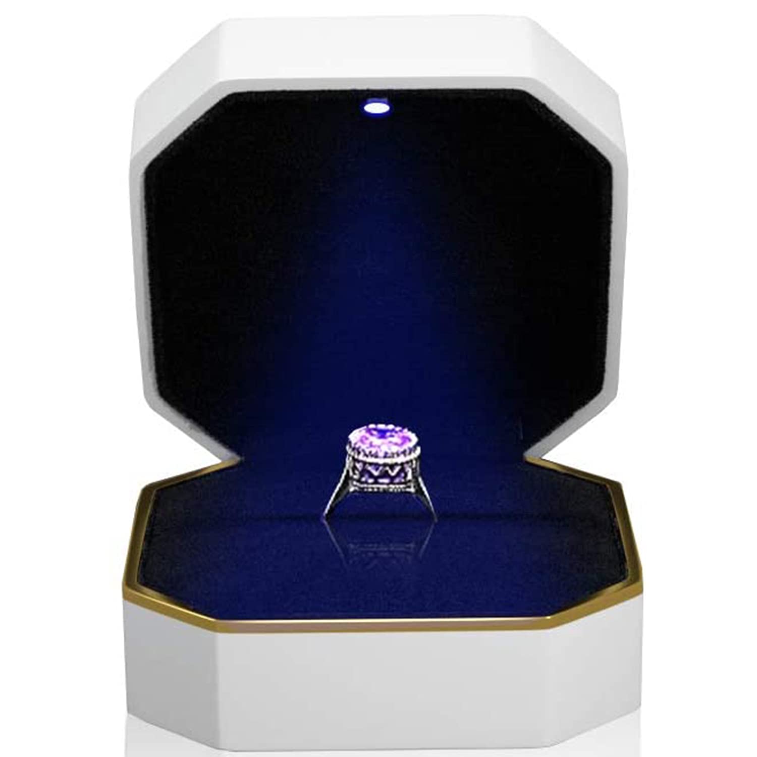 BULYZER Ring Box with Led,Square Velvet Wedding Double Ring Case Jewelry Gift Boxs Light for Proposal Engagement Wedding Proposal (White)