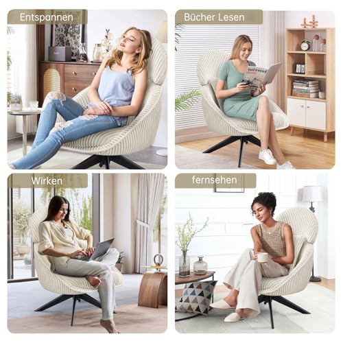 Ckaff Loungesessel Sessel Wohnzimmer 360°Drehbar, Ohrensessel Armlehnstuhl Polsterstuhl mit dickem Abnehmbares Wurfkissen, Relaxsessel Lesesessel für Wohnzimmer Schlafzimmer Büro, Beige