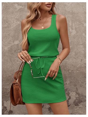 Image of RoseSeek Women's Waffle Knit Belted Tank A Line High Waisted Dresses Square Neck Sleeveless Summer Short Dress