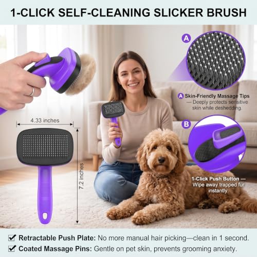 Image of 5 PCS Dog Grooming Brush Kit, Shedding for Long Haired Cats & Dogs | Self Cleaning Slicker Hair Brush, Skin Friendly Deshedding Grooming Tool for Small Large Dogs Cats Puppy Brush Set