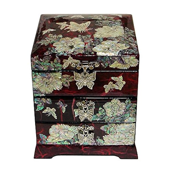 Madre de la perla de la mariposa de laca roja cajón de madera joyería caja de recuerdo cofre del tesoro