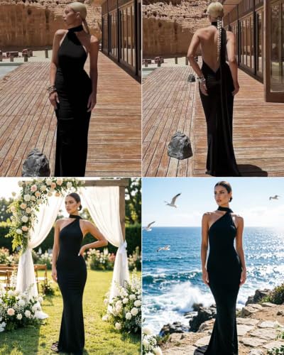 Image of Suillty Women's Sexy Oblique Shoulder Backless Maxi Dress Ruched Back Strap Sleeveless Party Club Long Dresses Bodycon
