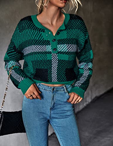 Blooming Jelly Womens Cropped Sweaters Funny Christmas Sweater Color Block Plaid Sweater With Button(Large,Green #TOP1