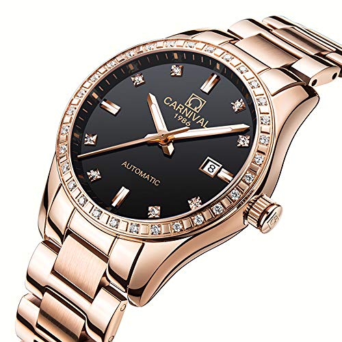 Image of Women's Diamond Automatic Mechanical Rose Gold Stainless Steel Sapphire Waterproof Lady's Elegant Blue Watch