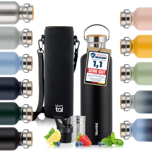 Blumtal Thermosflasche 500ml, doppelwandig, aus Edelstahl, isothermisch, BPA-frei, Teeflasche, Sportflasche, Schwarz – Ansicht 1