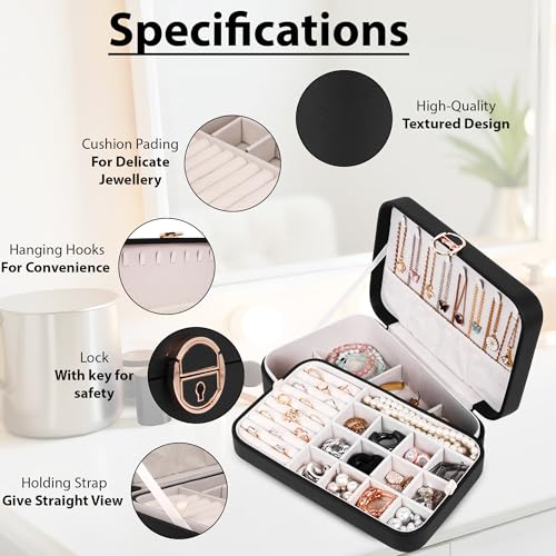 Image of BucketList Large PU Leather Jewellery Organizer Box with Necklace Hooks | Multi-Layer Jewelry Storage Case with Removable Tray & Secure Lock (PU Leather with Removable Tray (Black))