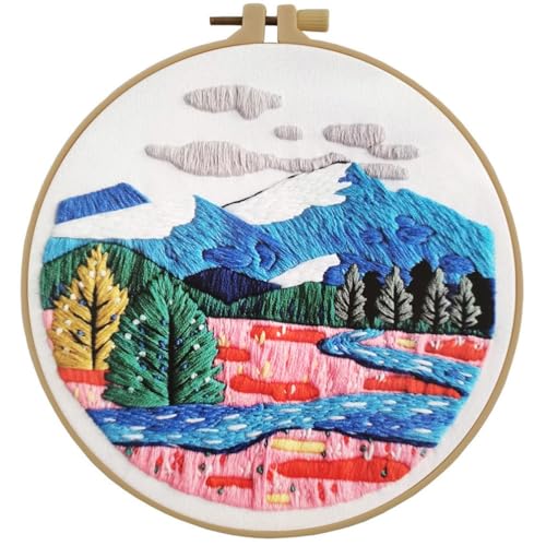 Image of Esffaci Embroidery Starter Kit for Adult Beginner with Mountain Landscape Tree Flower Scenery Pattern Hand Embroidery Set with Embroidery Cloth Floss Hoop Needle Threader and Instruction