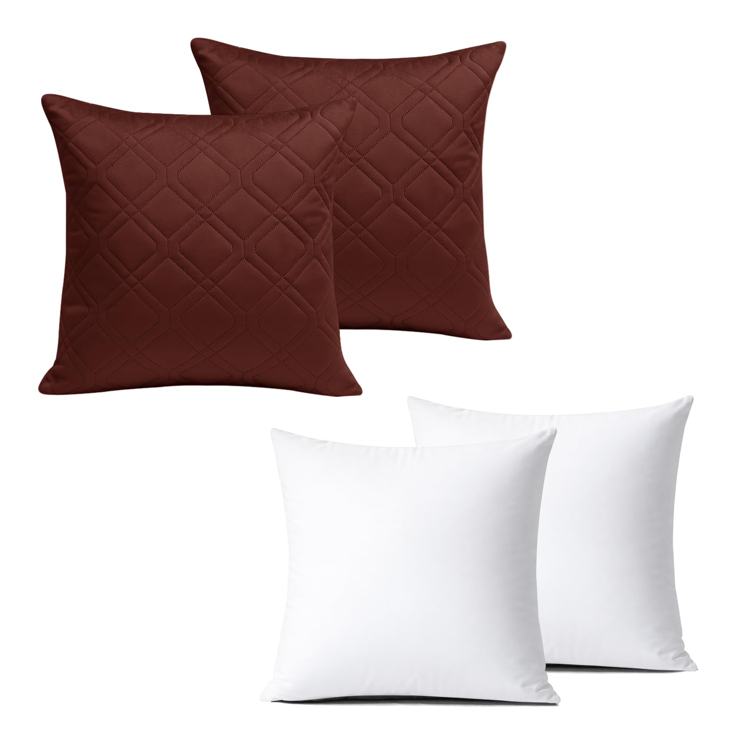 BedLooms Cushions with Covers Included 45x45 cm Burgundy Pack of 2 (2-Cushion Covers + 2-Cushion Inners) Ultrasonic Diamond Velvet Square Throw Pillow Cases with Invisible Zipper for Sofa Bedroom