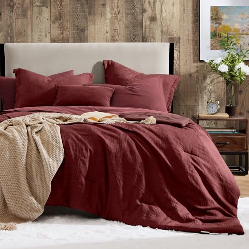 Geniospin Queen Comforter Set - 7 Pieces Comforter Queen Size, Solid Bedding Set for All Season, Dark Red Textured Bed in a Bag with Sheets