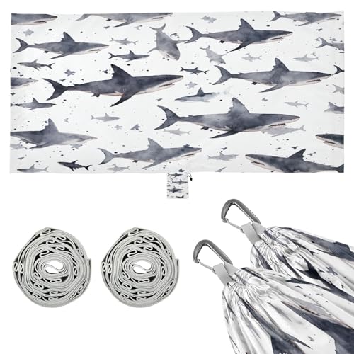 SDMKA Shark Pattern White Camping Hammock, 330 lbs with 2 Tree Straps, Carry Bag, Single Portable Hammock for Outdoor/Indoor, Hiking, Beach, Backpacking, Travel