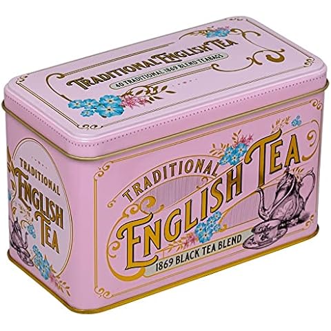 New English Teas Vintage Victorian Tea Tin in Pink with 40 1869 Blend Teabags Cover
