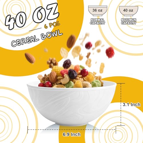 Image of Wheat Straw Cereal Bowls 40 OZ, Unbreakable Bowls Set of 6, Microwave & Dishwasher Safe Bowl for Kitchen, Reusable Plastic Bowl for Cereal, Soup, Salad and Ramen, White