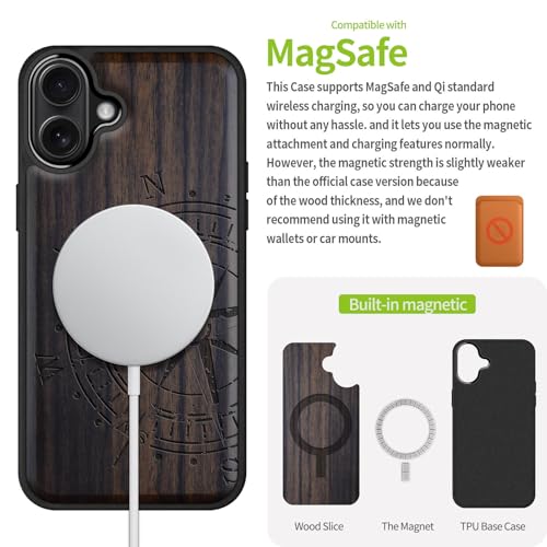 Image of Carveit Wood Case for iPhone 16 Plus, The Incomplete Compass, Black | Magnetic iPhone 16 Plus Case Compatible with MagSafe Wireless Chargers, Engraved Wood with Soft TPU Shockproof Bumper
